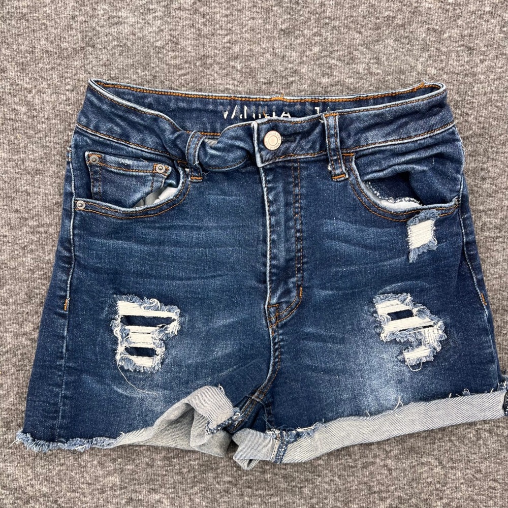Vanilla Star Womens High Rise Hottie Distressed Denim Shorts Blue Size 5